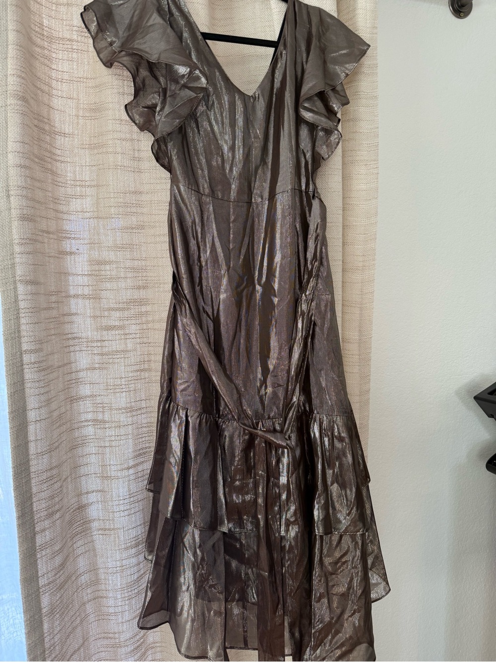 Metallic Brown Ruffle Midi Dress